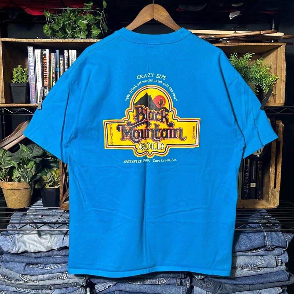 Vintage 90s Black Mountain Gold Beer Tee Mens XL Blue Yellow Alcohol Shirt